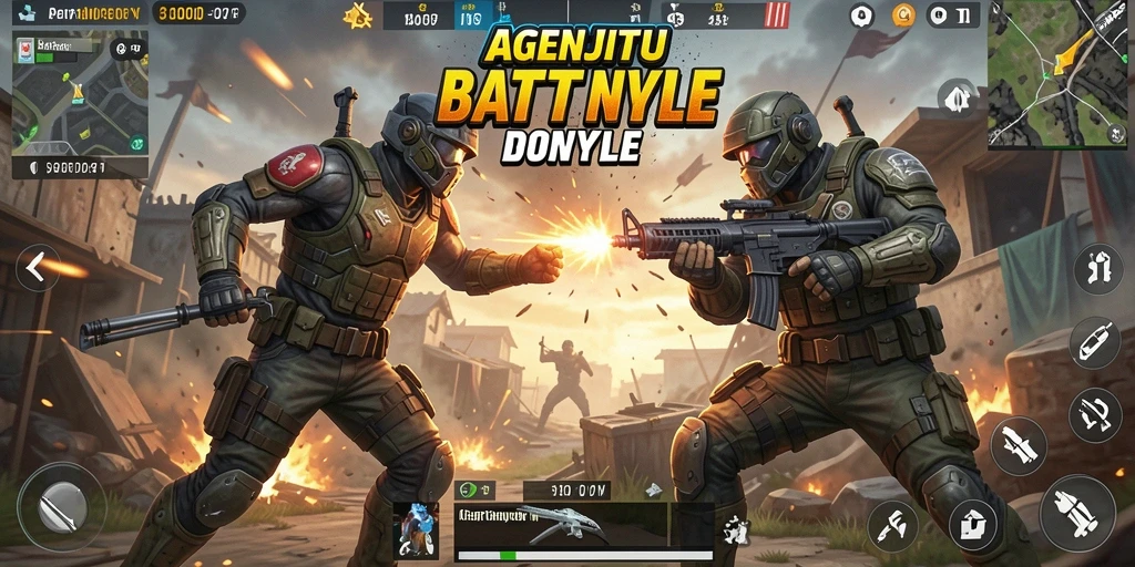 Tangkapan layar utama menampilkan aksi intens dalam pertempuran Battle Royale.