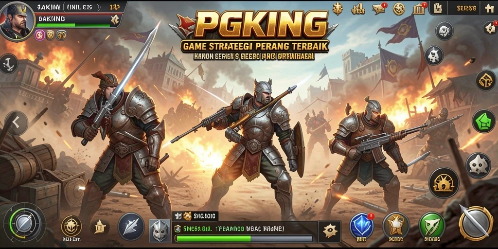 Screenshot utama PGKING menunjukkan aksi pertempuran strategi yang intens.