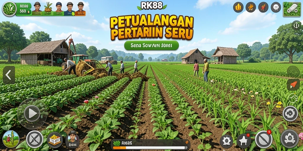 Screenshot gameplay RK88 menampilkan ladang subur dan hewan ternak yang sehat.