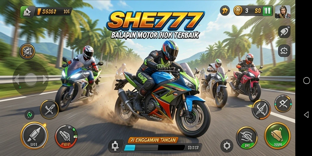 Screenshot dari gameplay SHE777 yang menampilkan aksi balapan motor yang penuh adrenaline.